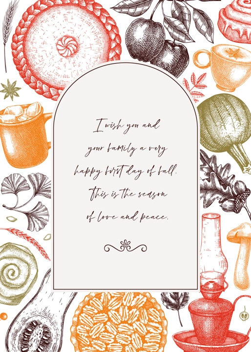 Autumn frame design template. Hand-drawn vector illustration. Pumpkin, hot drink, fruit, pie, vegetables, pastry, fall leaves sketches. Harvest banner n color. Thanksgiving background